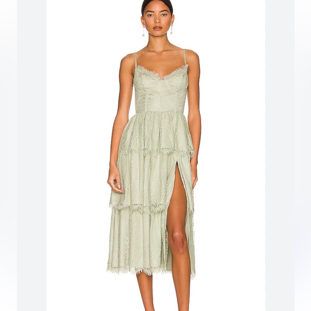 V. Chapman Mia Dress Sage Lace Tiered Midi Dress Corset Bustier Green Revolve 4